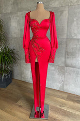 Amazing Red Long Sleeves Prom Dress with Beadings & Split - Mermaid Sweetheart